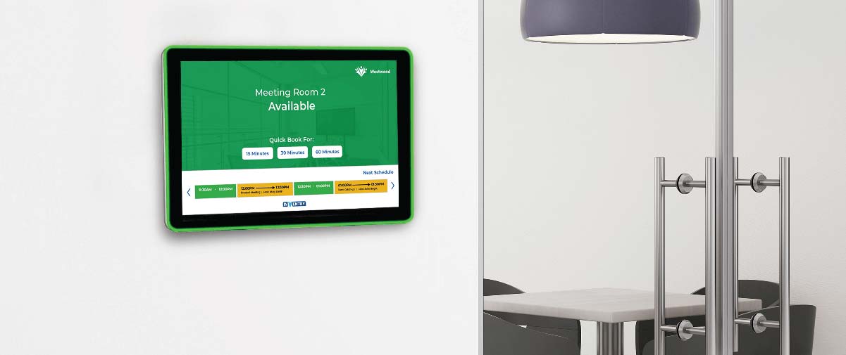 InVentry Space Bookings Device on a wall outside a meeting room