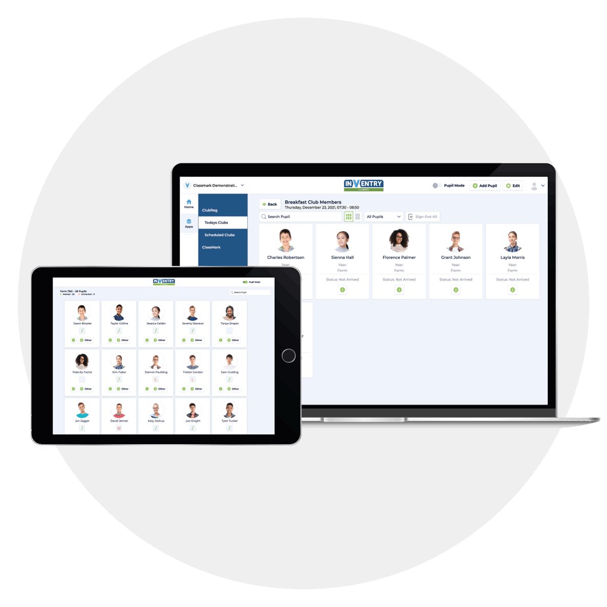 InVentry registration solutions on a laptop and iPad in a circle