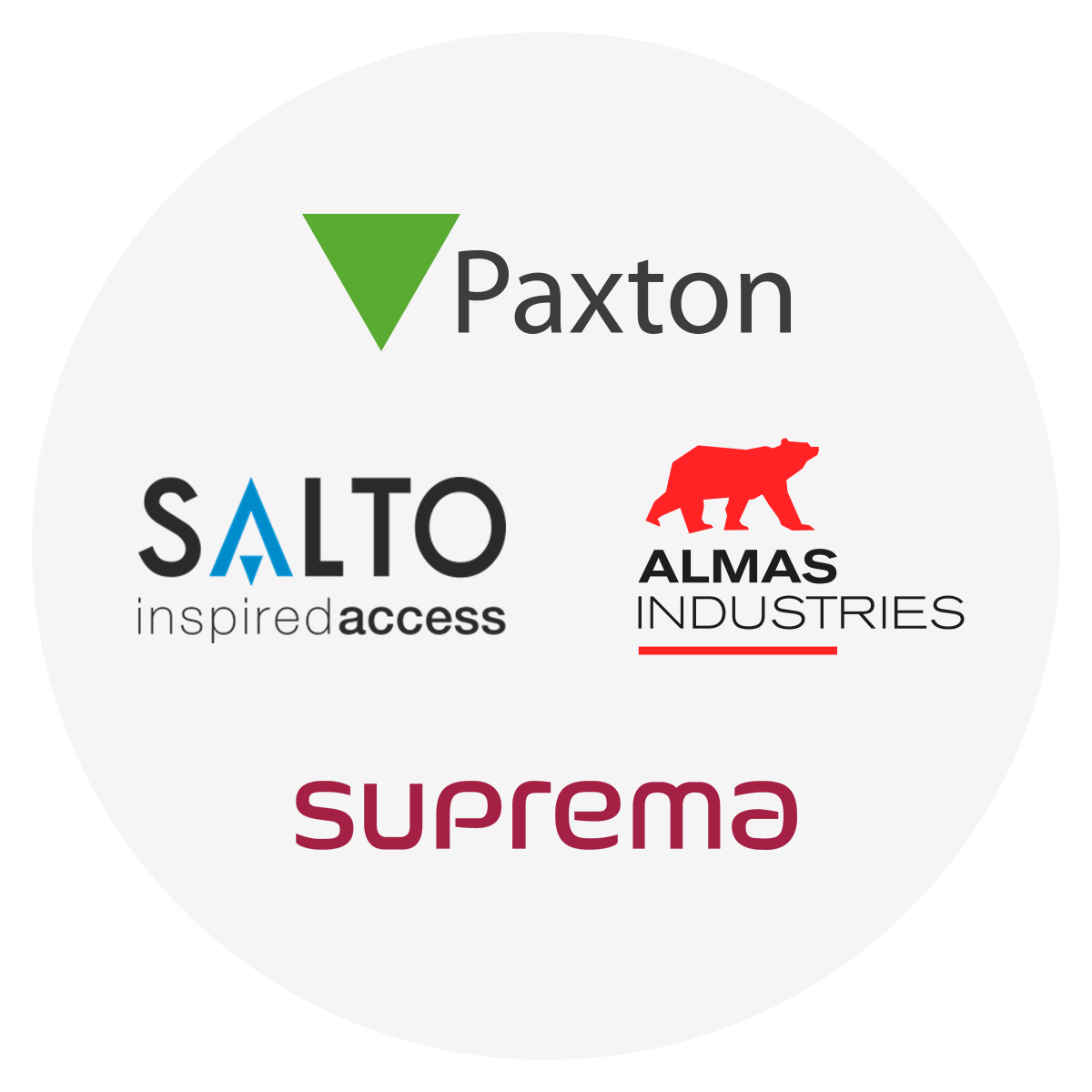 Paxton, Salto, Almas & Suprema Logos in a Circle