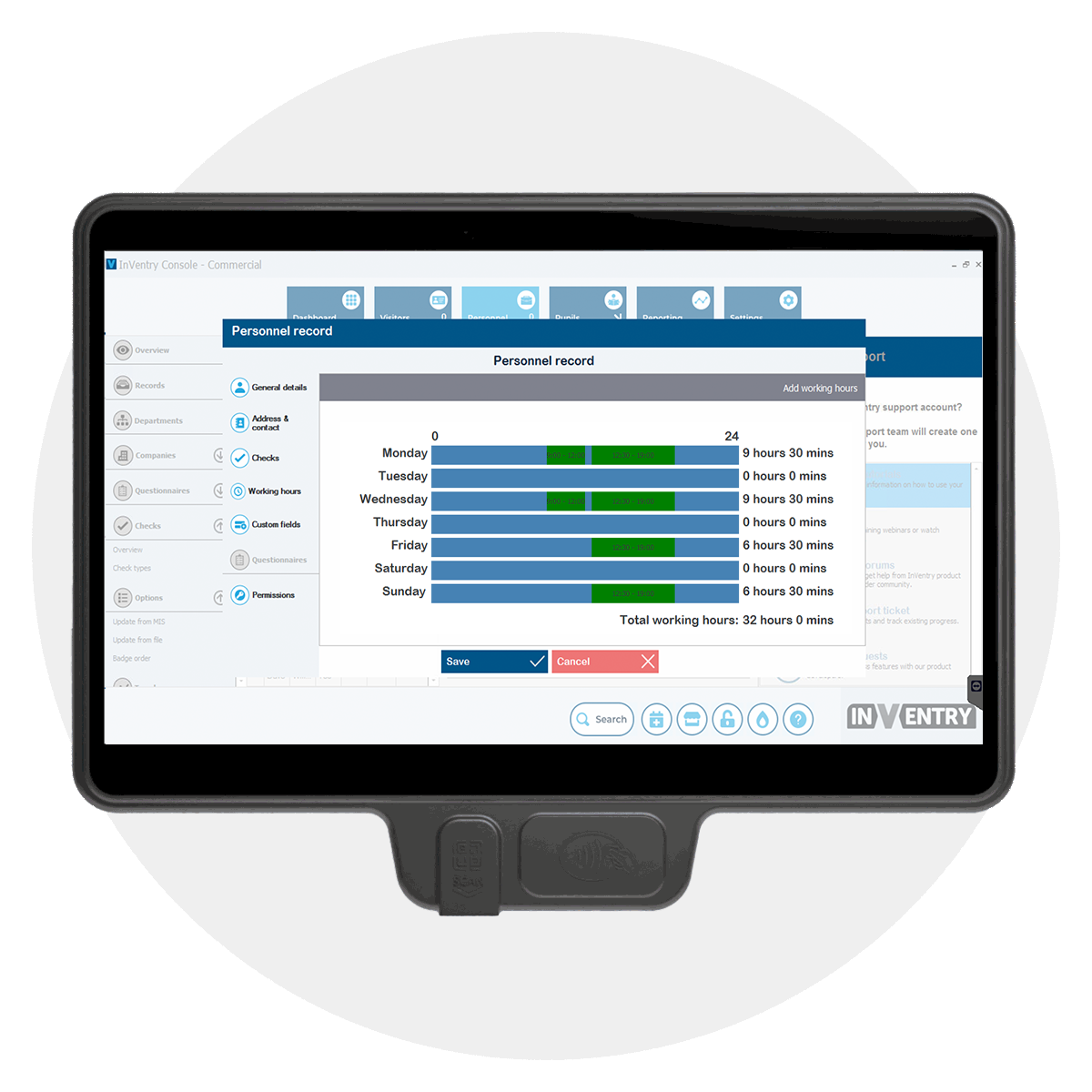 InVentry Screen with Working Hours on Console