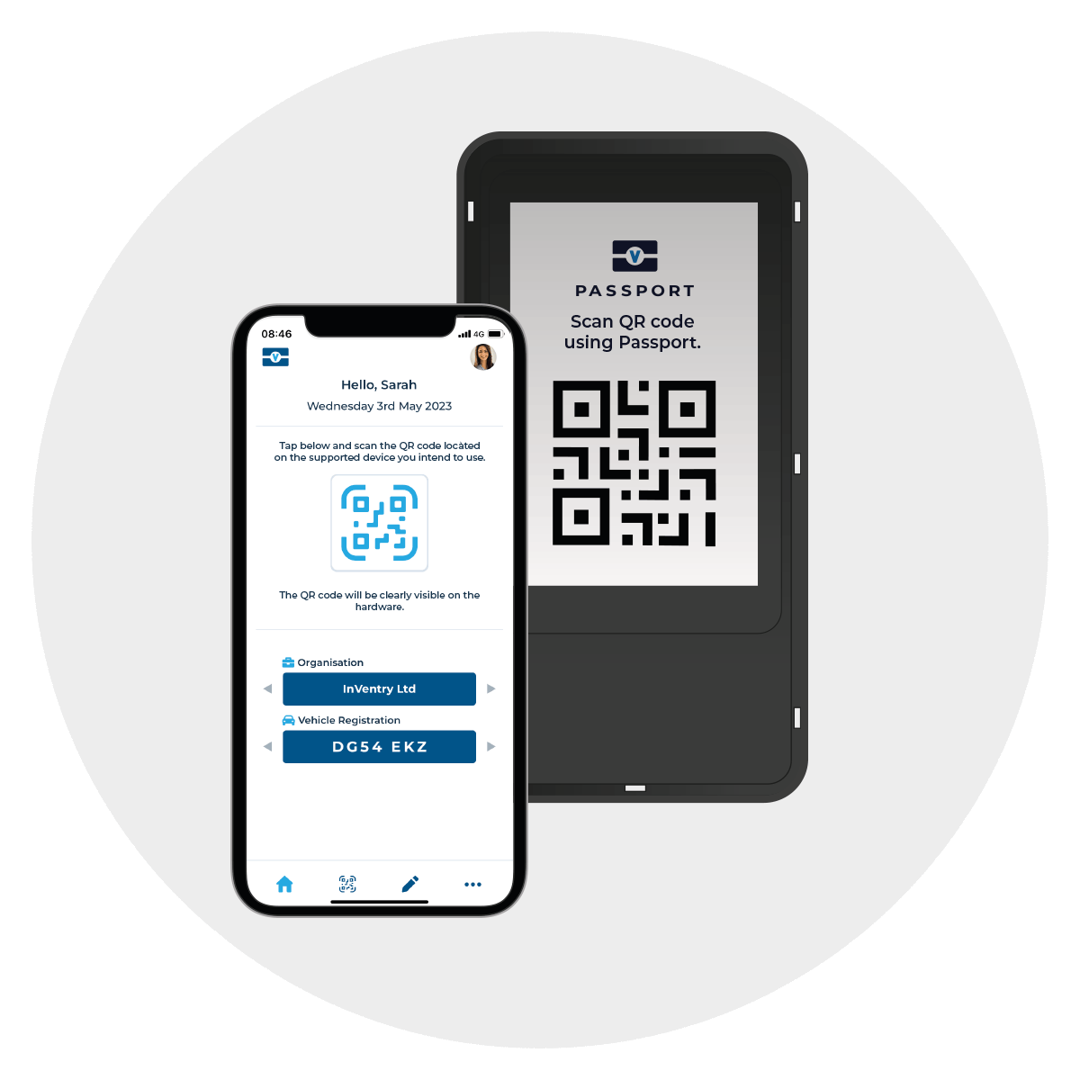 Checkpoint device in a circle with Passport app on a phone