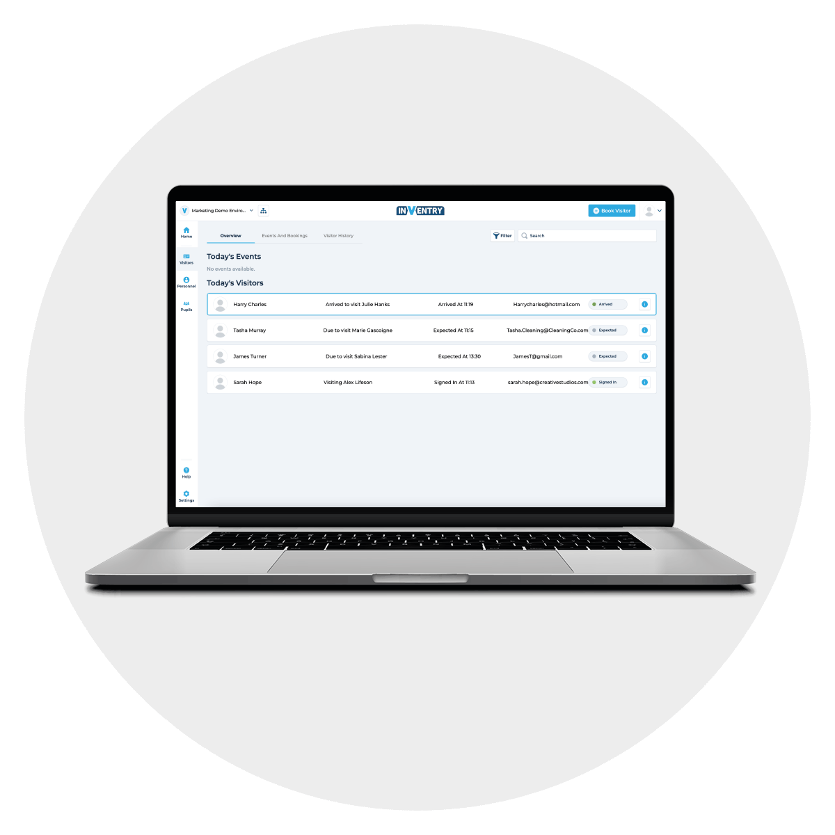 InVentry Cloud Console Visitor list on a laptop