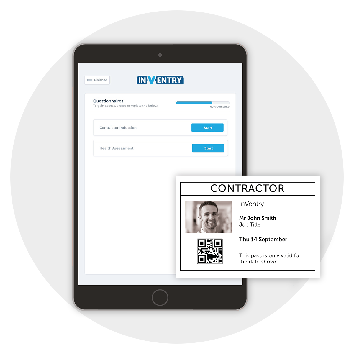 InVentry Contractor Questionnaire on iPad and printed badge