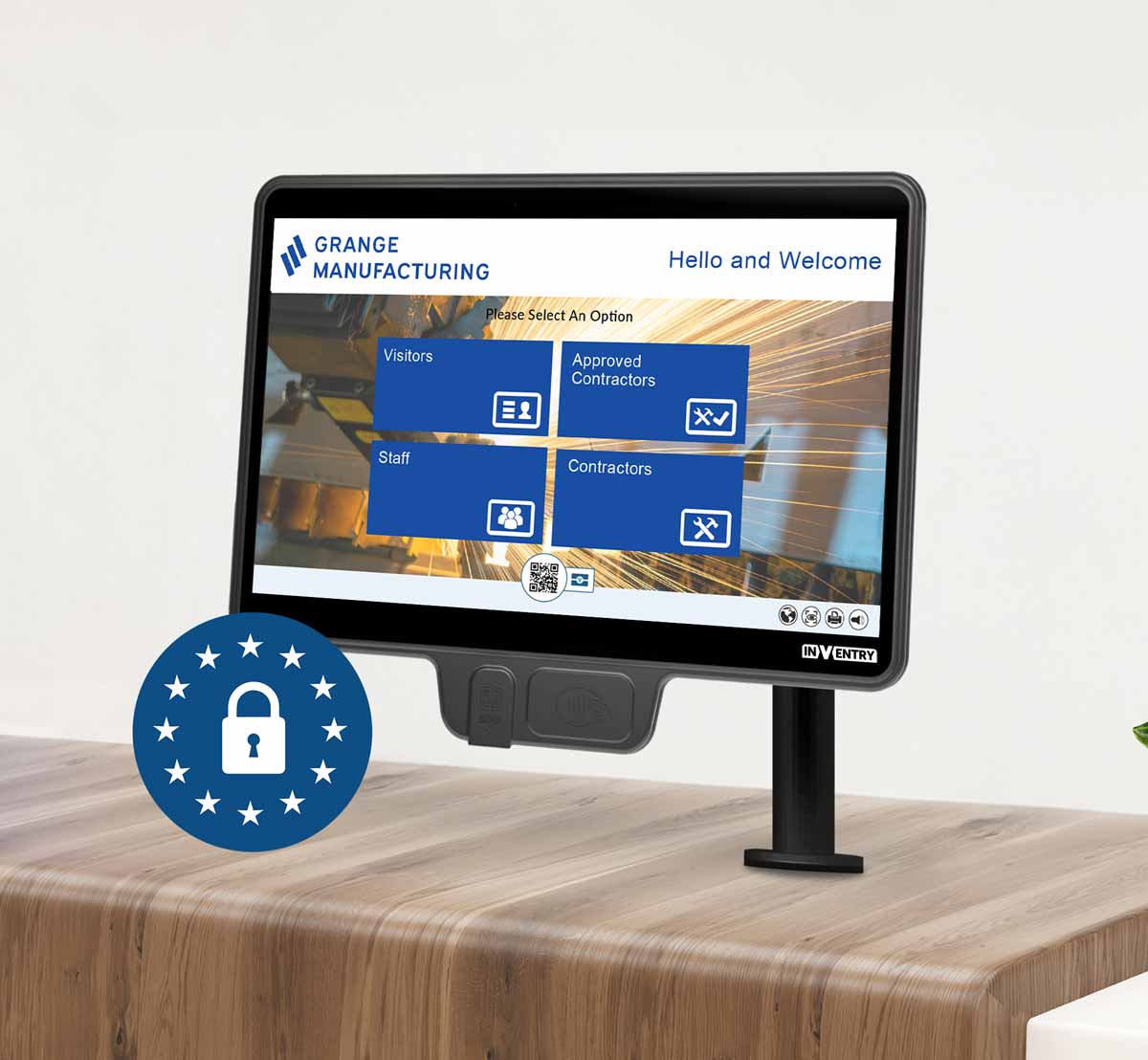 InVentry screen with GDPR Logo - Lock in a circle of Stars