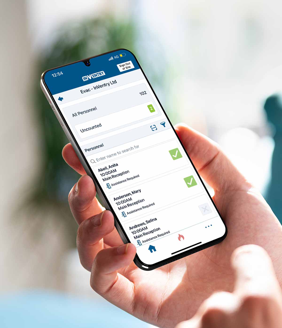 InVentry Anywhere App, evacuation screen on mobile phone