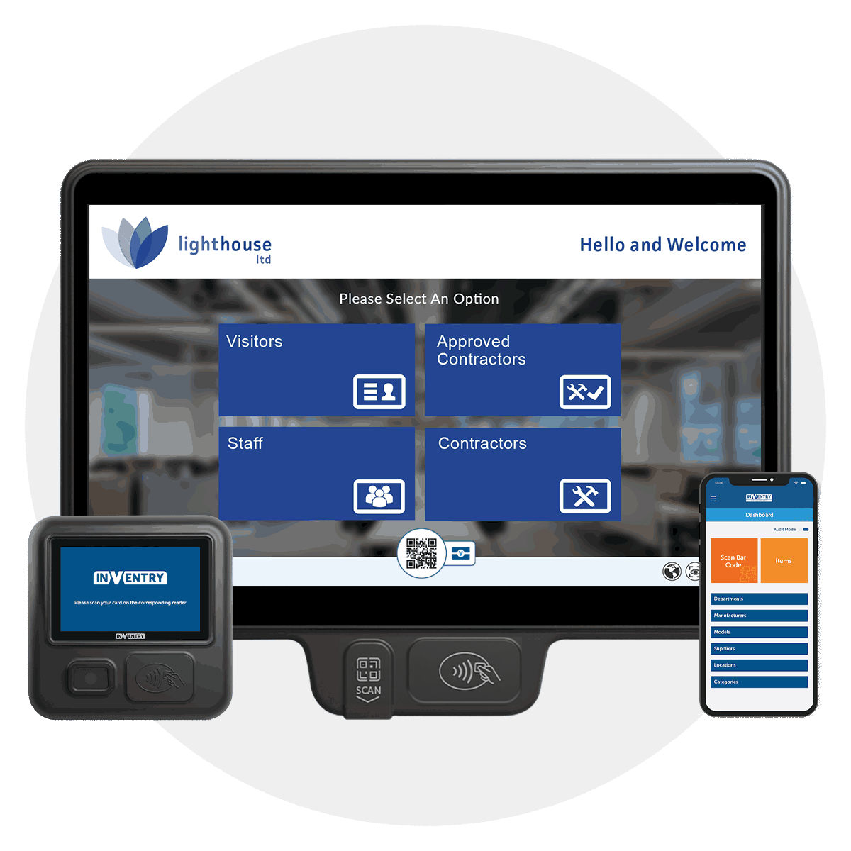 InVentry Screen, Quickscan device & Audit and Compliance on a phone