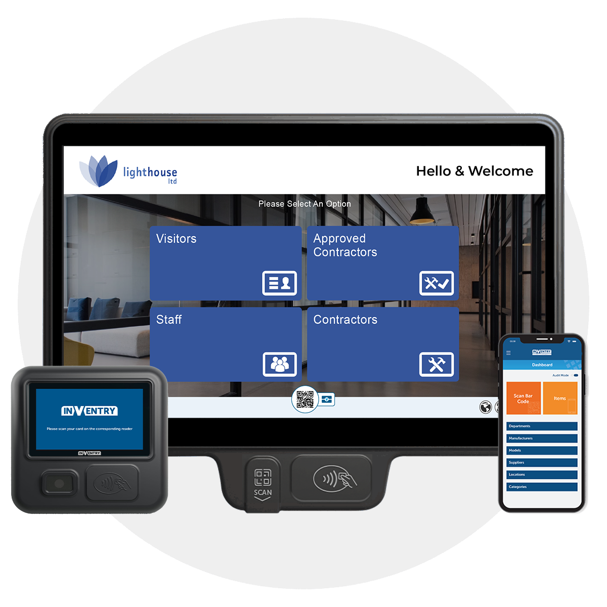 InVentry Screen, Quickscan device & Audit and Compliance on a phone