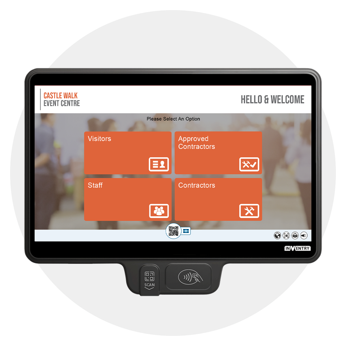 InVentry screen for an event centre in a circle