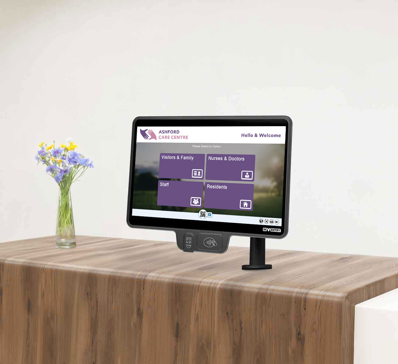 InVentry screen in a care home reception