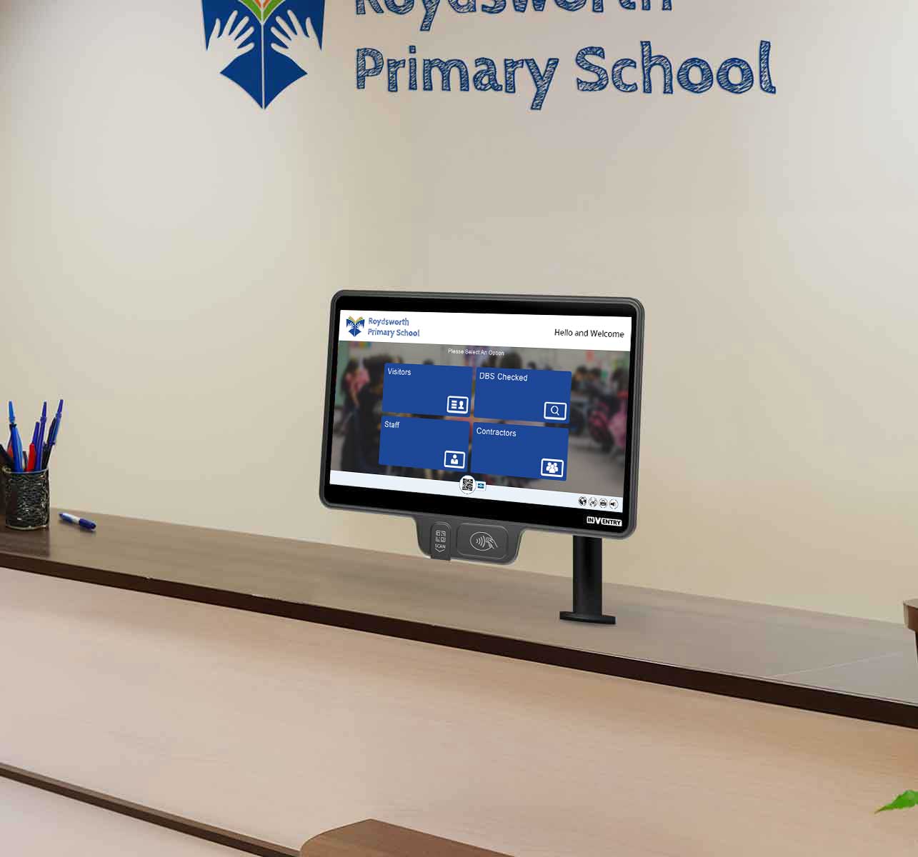 Primary-School-4 InVentry Screen for a Primary School on a reception desk
