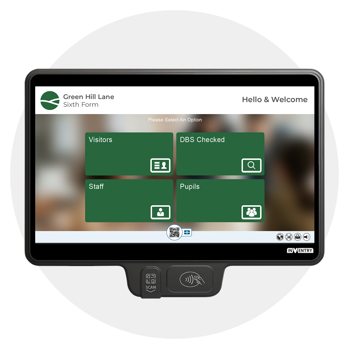 InVentry screen for Sixth Form in a circle