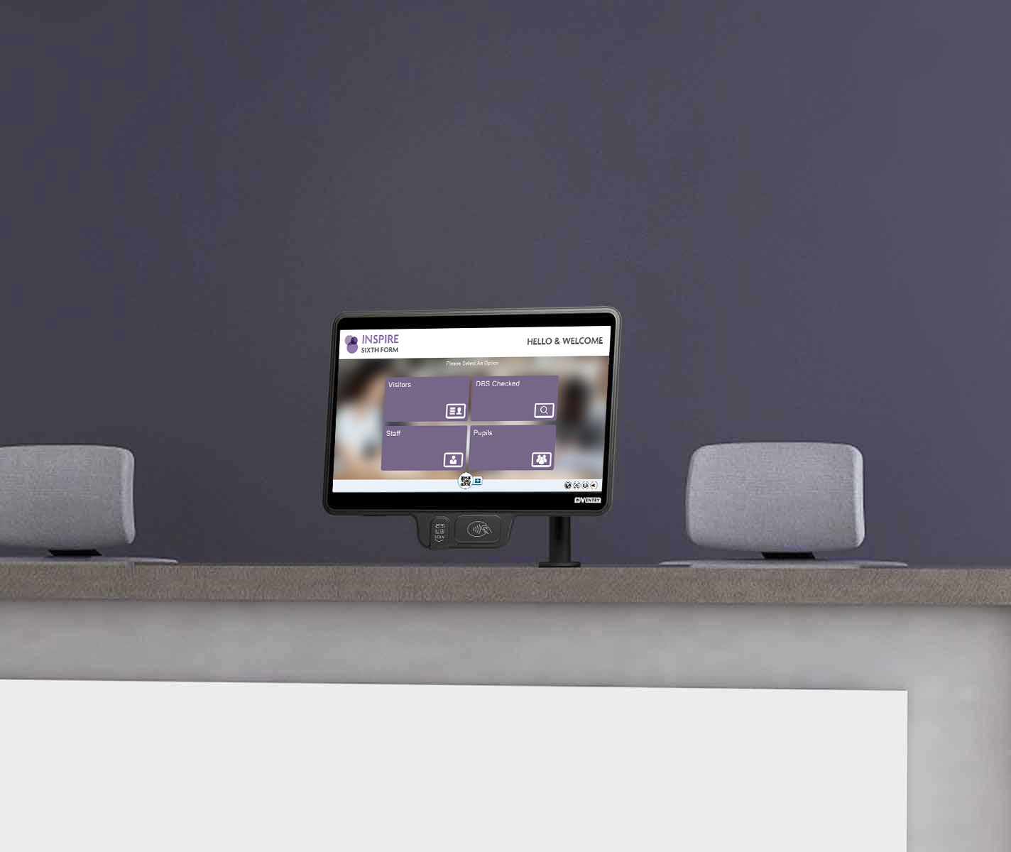 InVentry screen on a desk for a Sixth Form