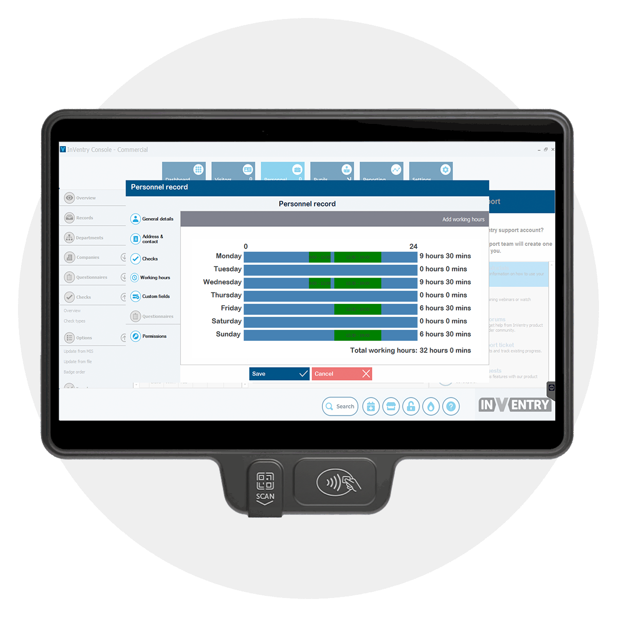 InVentry Screen with Working Hours on Console
