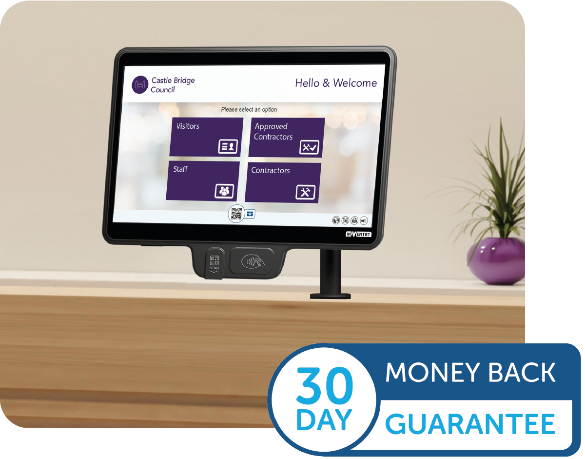 Inventry screen on a desk with a 30 Day Money Back logo