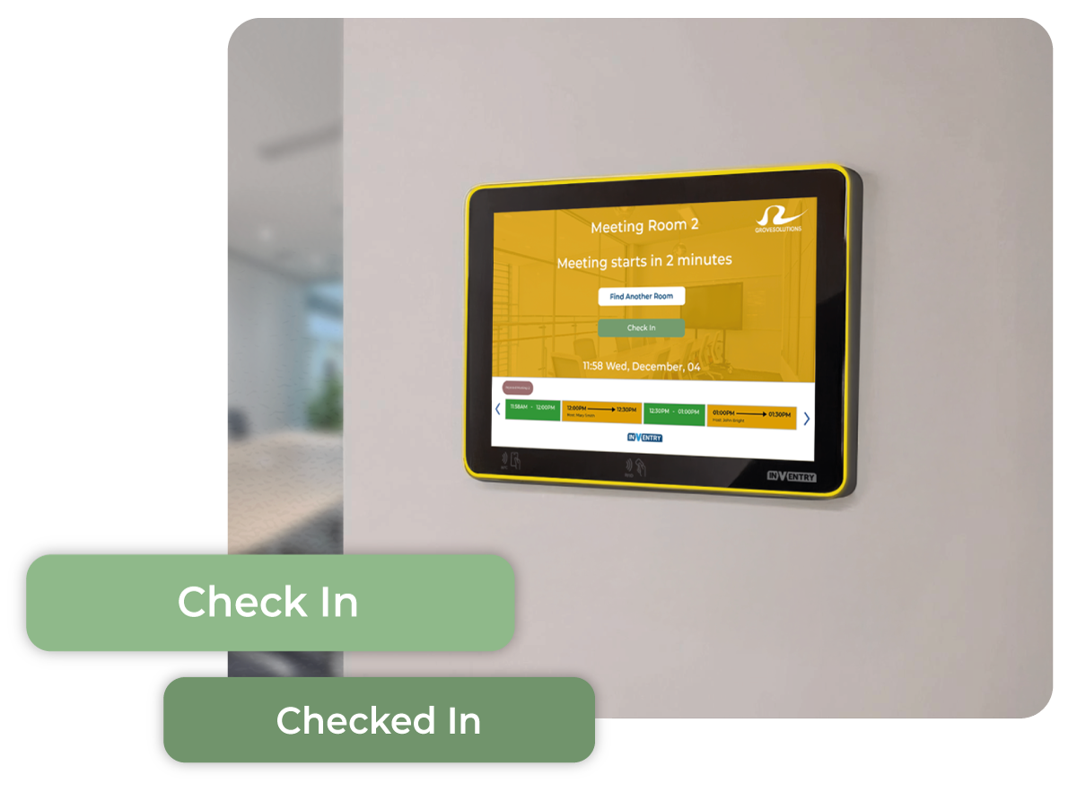 Inventry spacebooking device on a wall with check in popups